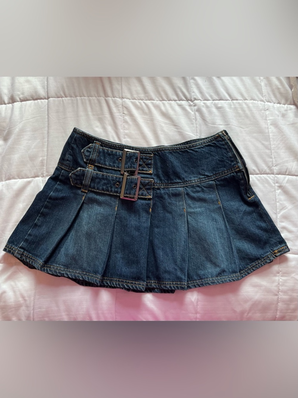BDG Dark Blue Denim Pleated Mini Skirt with Double Buckles